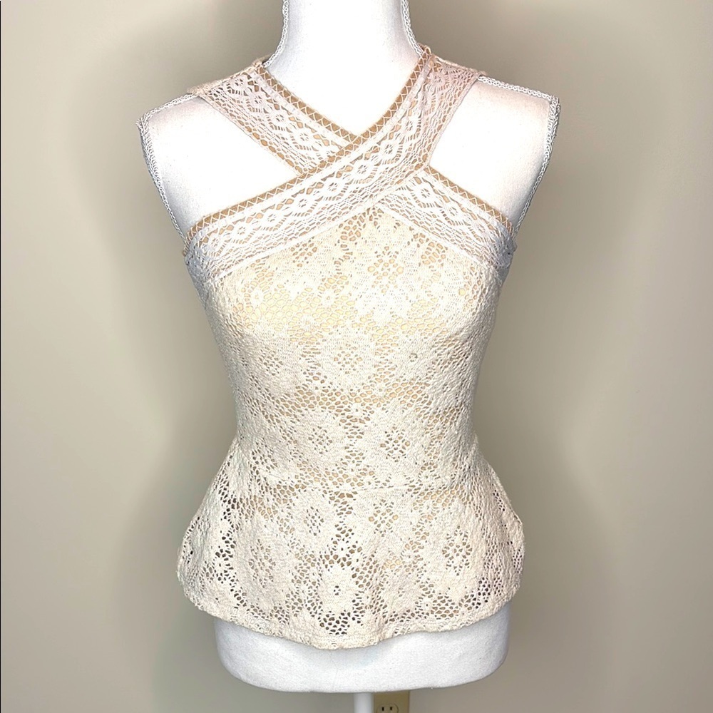 BCBG Max Azria Annica Crochet Lace Peplum Cream & Tan Cross Neck Top. XS